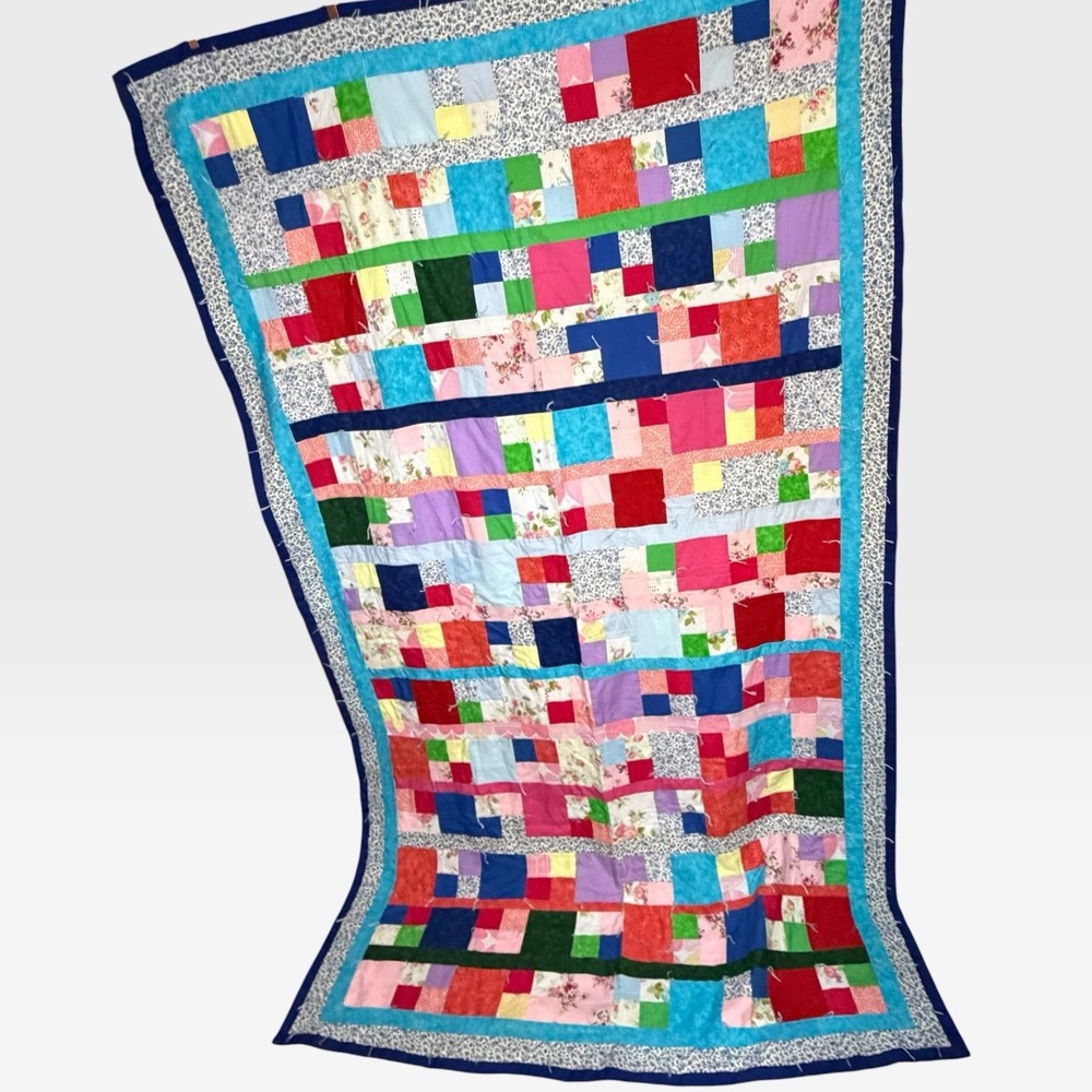 Vtg 70s Boho Patchwork Quilt Handmade Kitsch Colorful Retro Twin Fabric Blanket